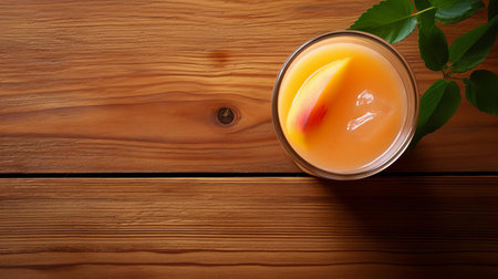 fresh peach juice is showcased on a rustic wooden table, captured from a top view, highlighting the vibrant orange color and tantalizing texture, perfect for a refreshing summer drink or a healthy breakfast accompaniment, evoking feelings of warmth and serenity. ai generatedの素材