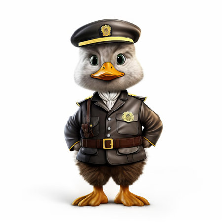 a cheerful duck police officer stands proudly in its full-body uniform, complete with a tiny hat and badge, set against a crisp white isolated background, reminiscent of whimsical children's book illustrations, perfect for kids' stories, educational materials, or playful designs. ai generatedの素材