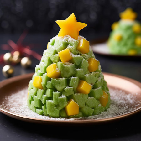 "mango sticky rice dessert takes on a festive twist with a vibrant green frosting shaped like a christmas tree, adorned with colorful sprinkles on top, perfectly placed on a clean white background, evoking a sense of holiday cheer and southeast asian flavors.", ai generatedの素材