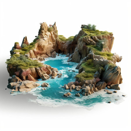 the 3d coastline model stands proudly on a pristine white isolated background, showcasing its intricate details and realistic textures, perfect for visualizing geographical formations, coastal erosion, or oceanic landscapes in 3d graphics, architecture, and design projects. ai generatedの素材