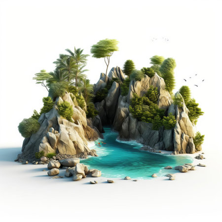 the 3d coastline model stands proudly on a white isolated background, showcasing its intricate details and realistic textures, perfect for visualizing geographic formations, coastal erosion, or environmental studies, and ideal for use in educational materials, scientific presentations, or creative projects. ai generatedの素材
