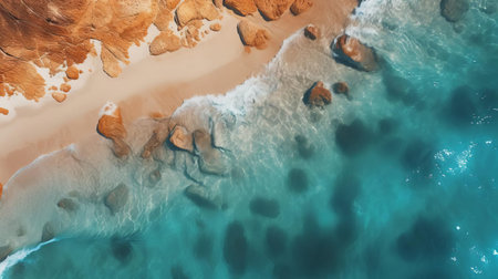 this stunning beach scene showcases a serene sandy shore, bathed in warm, golden light, evoking a sense of tranquility and relaxation, reminiscent of the work of renowned drone photographers, capturing the beauty of coastal landscapes with hyper-realistic precision and breathtaking clarity. ai generatedの素材