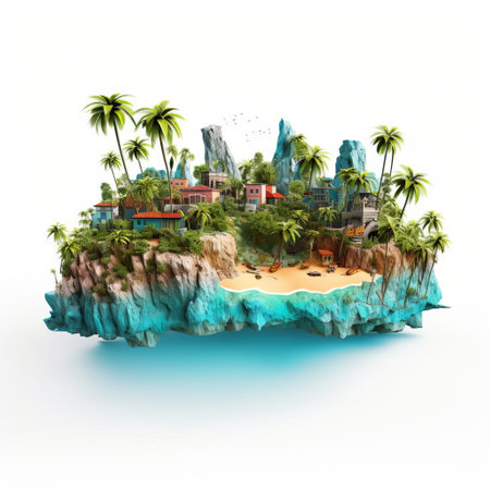 the 3d coastline model stands proudly on a pristine white isolated background, showcasing its intricate details and vibrant colors, perfect for use in graphic designs, advertisements, and digital art projects related to travel, tourism, and coastal living. ai generatedの素材