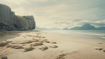 the karst landscape stretches along a serene sandy beach, bathed in warm, golden light, evoking a sense of tranquility, with its hyper-realistic tones reminiscent of the works of famous drone photographers, capturing the beauty of coastal erosion and the ever-changing shoreline. ai generatedの素材