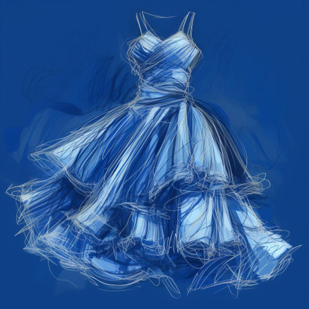 the dress sketch stands out against a rich indigo background, showcasing a beautiful blend of modern art and traditional hand sketching techniques, with bold bright indigo lines and subtle shading that brings this fashion illustration to life. ai generatedの素材