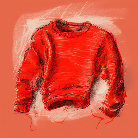 the sweater sketch pops against a vibrant red background, showcasing a bright red hand-drawn design in a playful, whimsical style, evoking feelings of warmth and coziness, perfect for winter fashion enthusiasts and fans of bold, statement pieces. ai generatedの素材