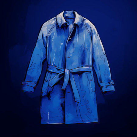 the coat sketch stands out against a rich indigo background, showcasing a bright and vibrant hand-drawn style that captures the essence of the garment, with bold lines and expressive brushstrokes that evoke a sense of creativity and artistic flair in fashion illustration. ai generatedの素材