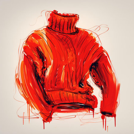 the sweater sketch pops against a vibrant red background, showcasing a bright red hand-drawn design in a playful, whimsical style, evoking feelings of warmth and coziness, perfect for fashion enthusiasts and art lovers alike, featuring bold lines and expressive brushstrokes. ai generatedの素材