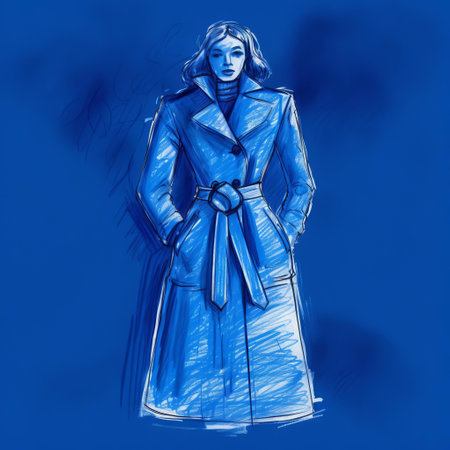 the coat sketch, set against a rich indigo background, showcases a stunning bright indigo hand sketch style, exuding a sense of sophistication and elegance, perfect for fashion enthusiasts and art lovers alike, highlighting the intricate details of the garment in a unique and captivating way. ai generatedの素材