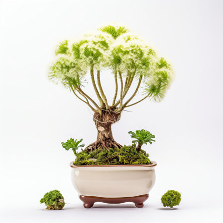 the dandelion plant, a delicate and vibrant bonsai specimen, is beautifully showcased against a pristine white background, highlighting its intricate details and soft, feathery leaves, perfect for nature enthusiasts and photography lovers of botanical art and miniature gardening. ai generatedの素材