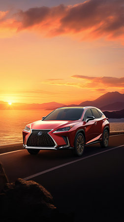 the lexus rx luxury suv is majestically captured in this stunning isometric view, cruising down the road as the vibrant hues of a breathtaking sunset reflect off its sleek, metallic body, exuding a sense of sophistication and power on the open road. ai generatedの素材