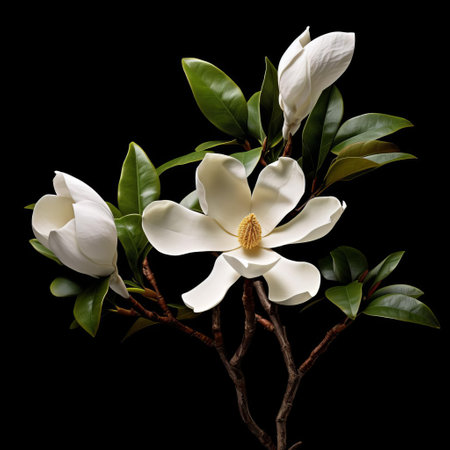 the magnolia, with its delicate petals and robust stem, stands majestically against a dramatic black background, evoking the photorealistic detail of organic architecture and the whimsical illustrations of cicely mary barker, while its sinuous curves and high contrast tones recall the sculptures of martin puryear, infused with the essence of native brazilian motifs. ai generatedの素材