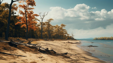 the beach, bathed in warm golden light, stretches along the dry forest's edge, its sandy dunes gently sloping towards the turquoise ocean, evoking a sense of serenity and tranquility, reminiscent of the works of renowned drone photographers, capturing the essence of a tropical paradise. ai generatedの素材