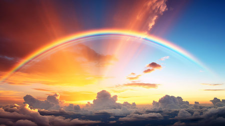 the sunset rainbow, reminiscent of edvard munch's iconic style, bursts with vibrant colors in this high-resolution image, version 5.1, capturing the fleeting moment of beauty as the day succumbs to the warm, golden hues of twilight, evoking feelings of serenity and wonder. ai generatedの素材