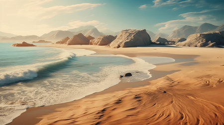 "aerial karst landscape showcases a serene sandy beach, bathed in warm golden light, evoking a sense of tranquility, reminiscent of the works of renowned drone photographers, capturing the beauty of coastal erosion and unique geological formations in breathtaking hyper-realistic detail.", ai generatedの素材