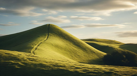 the rolling hills of denmark's picturesque landscape stretch towards the horizon in this breathtaking terrain photograph, expertly captured by a professional photographer who masterfully utilized the perfect lighting to emphasize the serene beauty of the nordic countryside's natural wonders. ai generatedの素材