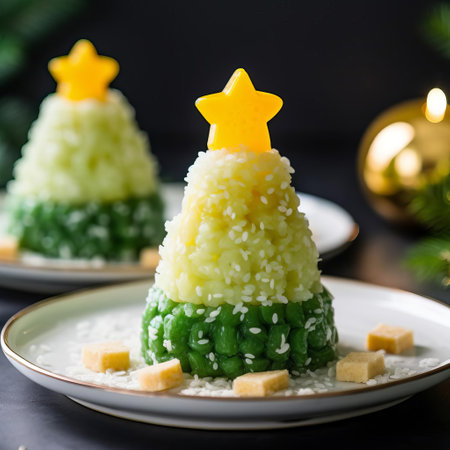 mango sticky rice dessert takes on a festive twist with a vibrant green frosting shaped like a christmas tree, adorned with colorful sprinkles on top, perfectly placed on a clean white background, evoking the spirit of holiday celebrations and sweet treats. ai generatedの素材