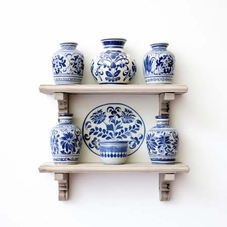 this vintage delft tile wall shelf, set against a crisp white background, showcases a stunning blend of soothing blue hues and creamy white tones, evoking a sense of classic elegance and sophistication, perfect for adding a touch of traditional dutch charm to any room's decor. ai generatedの素材