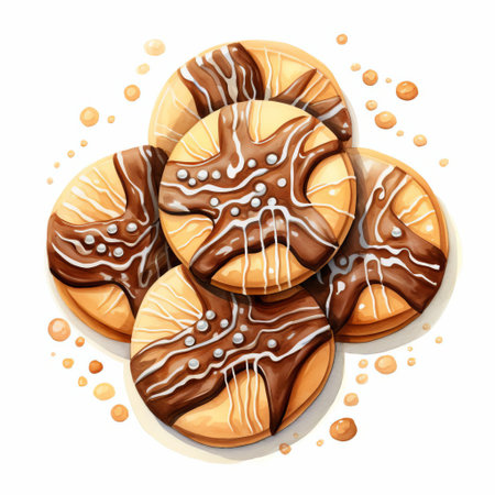 sugar cookies, adorned with a rich chocolate glaze, are beautifully captured in a watercolor style illustration, showcasing their sweet details from a top-down perspective against a crisp white background, perfect for foodies and baking enthusiasts alike. ai generatedの素材