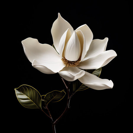 the magnolia, with its delicate petals and sturdy stem, stands majestically against a dramatic black background, evoking the photorealistic detail of organic architecture, reminiscent of cicely mary barker's whimsical illustrations and martin puryear's sculptures, showcasing high contrast shots that highlight the flower's graceful curves, subtly infused with native brasilian motifs. ai generatedの素材