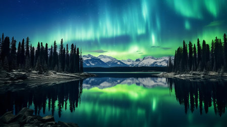 the aurora borealis, also known as the northern lights, dazzles in this breathtaking, award-winning photograph, capturing the ethereal beauty of the night sky in all its glory, with vibrant hues of green and purple dancing across the horizon, a true marvel of nature's splendor. ai generatedの素材