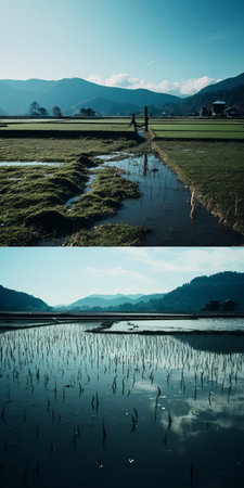 the ocean stretches calmly alongside a serene rice paddy, with majestic mountains rising in the distance under a brilliant blue sky, captured in stunning 8k detail with a soft, low-saturation light, evoking a sense of tranquility in this black and white film sense portrait of rural japan's picturesque landscape. ai generatedの素材