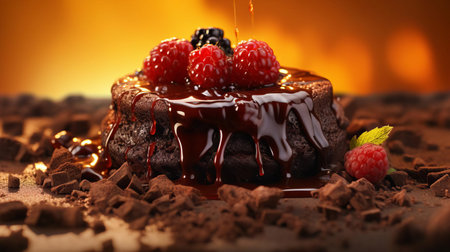 rich molten chocolate cake oozes decadence, topped with a golden crust and fresh berries, perfectly captured in this ultra-sharp, super realistic, high-end photography, evoking the senses and making your mouth water for a sweet indulgence in a luxurious dessert experience. ai generatedの素材