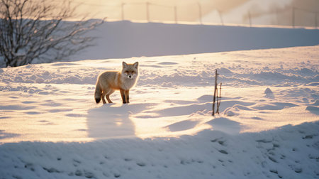 the majestic nyatoh tree stands alone on the snowfield, bathed in the faint red morning light, captured through the lens of an af400mm/f5.6 camera, showcasing the beauty of winter landscapes, snow-covered trees, and the serene atmosphere of a quiet morning, perfect for nature lovers and photography enthusiasts. ai generatedの素材
