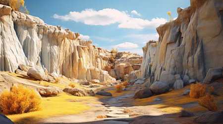 the quarry hiking trail unfolds as a vibrant masterpiece, bathed in warm golden light, with strong shadows accentuating the rugged terrain, as if plucked from an award-winning illustration, reminiscent of ansel adams' iconic landscapes, with a poetcore twist, captured in exquisite high detail using a ferrania p30 film and zoom lens, evoking the dreamy pastel hues of andrew tischler's style. ai generatedの素材