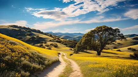 the rural area hiking trail unfolds in a vibrant illustration, bathed in warm golden light, with strong shadows and soft pastel hues of yellow, blue, and pink, reminiscent of ansel adams' and andrew tischler's iconic styles, captured with a high-quality ferrania p30 film and zoom lens, evoking a sense of poetcore serenity. ai generatedの素材