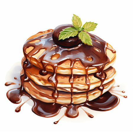 delicious pancakes smothered in a rich, velvety chocolate glaze are beautifully captured in a stunning watercolor illustration, showcased from a top-down perspective against a crisp white background, evoking feelings of warmth and indulgence, perfect for foodies and dessert lovers alike. ai generatedの素材