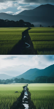 the serene coastal landscape of japan unfolds with lush rice paddies stretching towards the distant mountains, set against a brilliant blue sky, captured in stunning 8k detail with a soft, low-saturation tone, evoking a sense of tranquility, reminiscent of film sense portrait, amidst the surrounding forest. ai generatedの素材