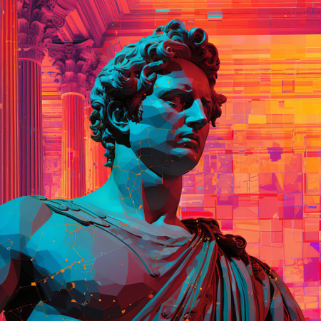 the roman senator, surrounded by distorted digital fragments, grasps a shattered laurel wreath, symbolizing the downfall of the roman republic, as glitch art echoes of ancient ruins and futuristic neon lights swirl around him, capturing the chaotic fusion of past and present in this striking y2k databending artwork. ai generatedの素材