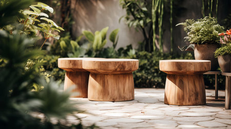 the minimalist table takes center stage in this serene garden stools setting, its sleek legs and smooth surface contrasting beautifully with the lush greenery surrounding it, creating a sense of harmony and balance, perfect for a relaxing outdoor retreat or intimate gathering. ai generatedの素材