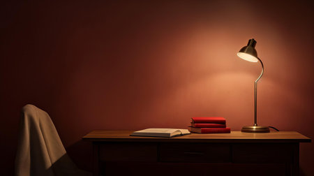the minimalist table, adorned with a sleek reading lamp, takes center stage in this intimate close-up shot, showcasing the perfect blend of modern design and cozy ambiance, ideal for a quiet evening of reading, studying, or relaxation, evoking feelings of serenity and calmness. ai generatedの素材