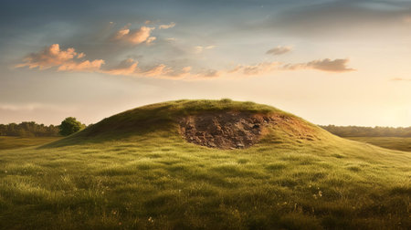 the mound stands majestically in a serene grassy field, boasting earthy tones and hyper-realistic details, perfectly captured during the warm golden hour with the vast horizon stretching out in the background, evoking a sense of tranquility and natural beauty. ai generatedの素材
