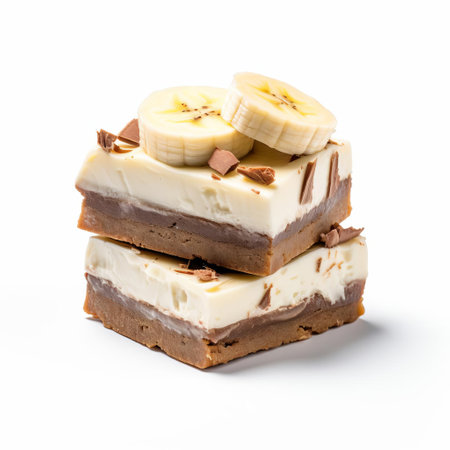 rich banana cream pie brownies, freshly baked and decadently topped with a velvety cream, sit isolated on a pristine white background, showcasing their indulgent texture and vibrant yellow color in this high-resolution 8k real photo, perfect for food bloggers and dessert enthusiasts. ai generatedの素材