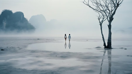 the serene moor in thailand stretches towards the horizon, its lush greenery and white sand dunes glistening in the warm sunlight, beautifully captured on analog film, evoking a sense of tranquility and nostalgia, perfect for nature lovers and photography enthusiasts alike. ai generatedの素材