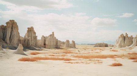 the desert landscape in thailand stretches out in serene beauty, with powdery white sand dunes rolling towards the horizon, captured in warm, nostalgic tones through the lens of analog film photography, evoking a sense of adventure and tranquility in this unique southeast asian wonderland. ai generatedの素材
