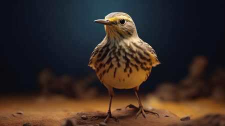 the american pipit, a bird species native to north america, is reimagined as a lifelike 3d character with comical bulging eyes, blending hyper-realistic sci-fi elements with the subtle emotional expressions reminiscent of the barbizon school, featuring intricate felt creations and overexposure for added texture and depth in this stunning digital artwork. ai generatedの素材
