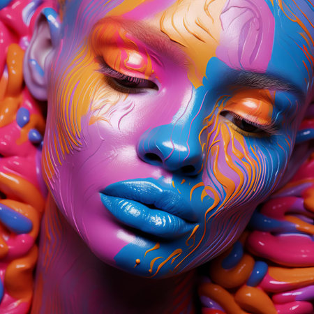 the model's face is the focal point in this stunning, vibrantly surreal fashion photography, with an array of colors and abstract shapes blending together in a mesmerizing display of creativity, perfect for fans of avant-garde and experimental portrait photography. ai generatedの素材