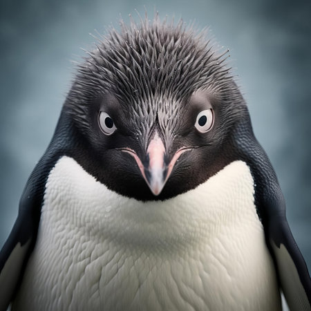 adelie penguin showcases its endearing facial features in a mesmerizing close-up portrait, captured with vibrant colors and surreal fashion photography elements, highlighting the unique characteristics of this antarctic species in a truly artistic and imaginative way. ai generatedの素材