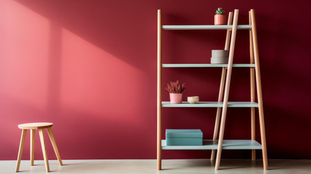 the minimalist table, adorned with a few carefully selected decorative items, takes center stage in this intimate close-up shot, surrounded by the sleek lines and modern aesthetic of ladder shelves, creating a harmonious blend of simplicity and sophistication in a stylish home decor setting. ai generatedの素材
