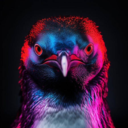 adelie penguin showcases its striking features in a mesmerizing close-up portrait, highlighting its bright, expressive eyes, distinctive white eye patches, and vibrant orange beak, all set against a surreal, dreamlike background, exemplifying the art of creative wildlife and fashion photography. ai generatedの素材