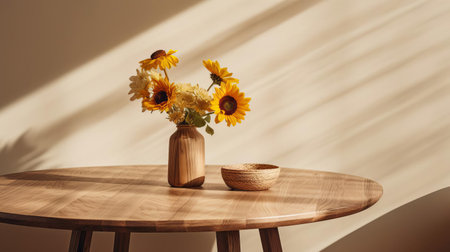 the minimalist table takes center stage in this intimate close-up shot, its sleek surface adorned with a lazy susan, surrounded by a few carefully curated dinnerware pieces, evoking a sense of simplicity and elegance, perfect for a modern dining setup or rustic kitchen decor. ai generatedの素材