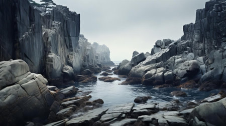 the rugged coastline stands tall, its sharp boulders and rocks weathered by the relentless pounding of the sea, set against a dramatic overcast sky that amplifies the sense of verticality, evoking a sense of awe and wonder in this breathtaking seascape photography. ai generatedの素材