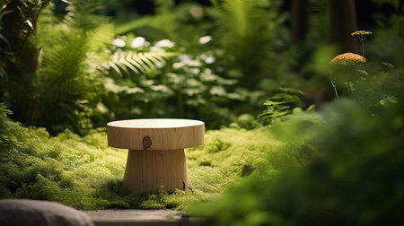 the minimalist table, adorned with a delicate garden stool, takes center stage in this intimate close-up shot, surrounded by lush greenery and subtle natural textures, evoking a sense of serenity and simplicity in outdoor decor, perfect for small gardens, patios, or backyard retreats. ai generatedの素材