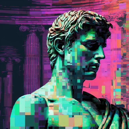 the roman senator stands amidst a swirling vortex of distorted code and glitching pixels, as the once-mighty republic crumbles around him, its ancient institutions corrupted by the viral influence of y2k databending, a mesmerizing visual representation of the catastrophic collapse of power and ideals. ai generatedの素材