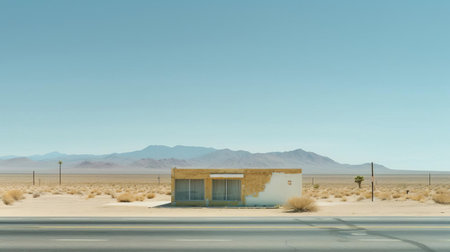 the american foursquare architecture waiting stop, with its quaint charm, stands as a solitary sentinel on the side of a desolated highway, surrounded by the vast expanse of a scorching desert landscape, evoking a sense of nostalgia and isolation, perfect for a dramatic and cinematic visual narrative. ai generatedの素材