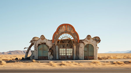 the waiting stop, adorned with intricate art nouveau architecture details, stands isolated on the side of a desolated highway, surrounded by the vast expanse of a scorching desert landscape, its ornate curves and lines a striking contrast to the harsh, arid environment. ai generatedの素材